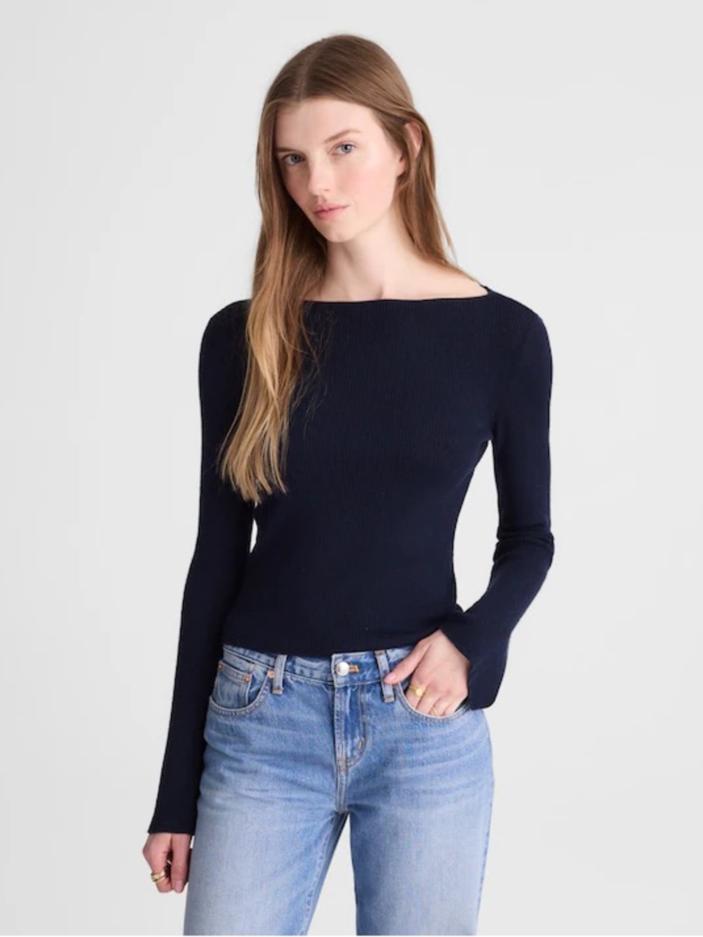 Madewell Flared-Sleeve Boatneck Sweater in Merino Wool-Silk Blend dark navy xl‎